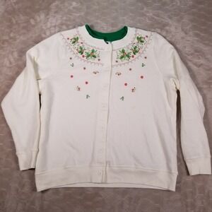 Ugly Christmas Sweater Women Large Embroidered Cardigan STAINED See Pics